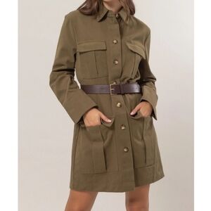 #363 🛑35 S,M,L FINAL PRICE Brushed Twill Olive Green Belted Dress
